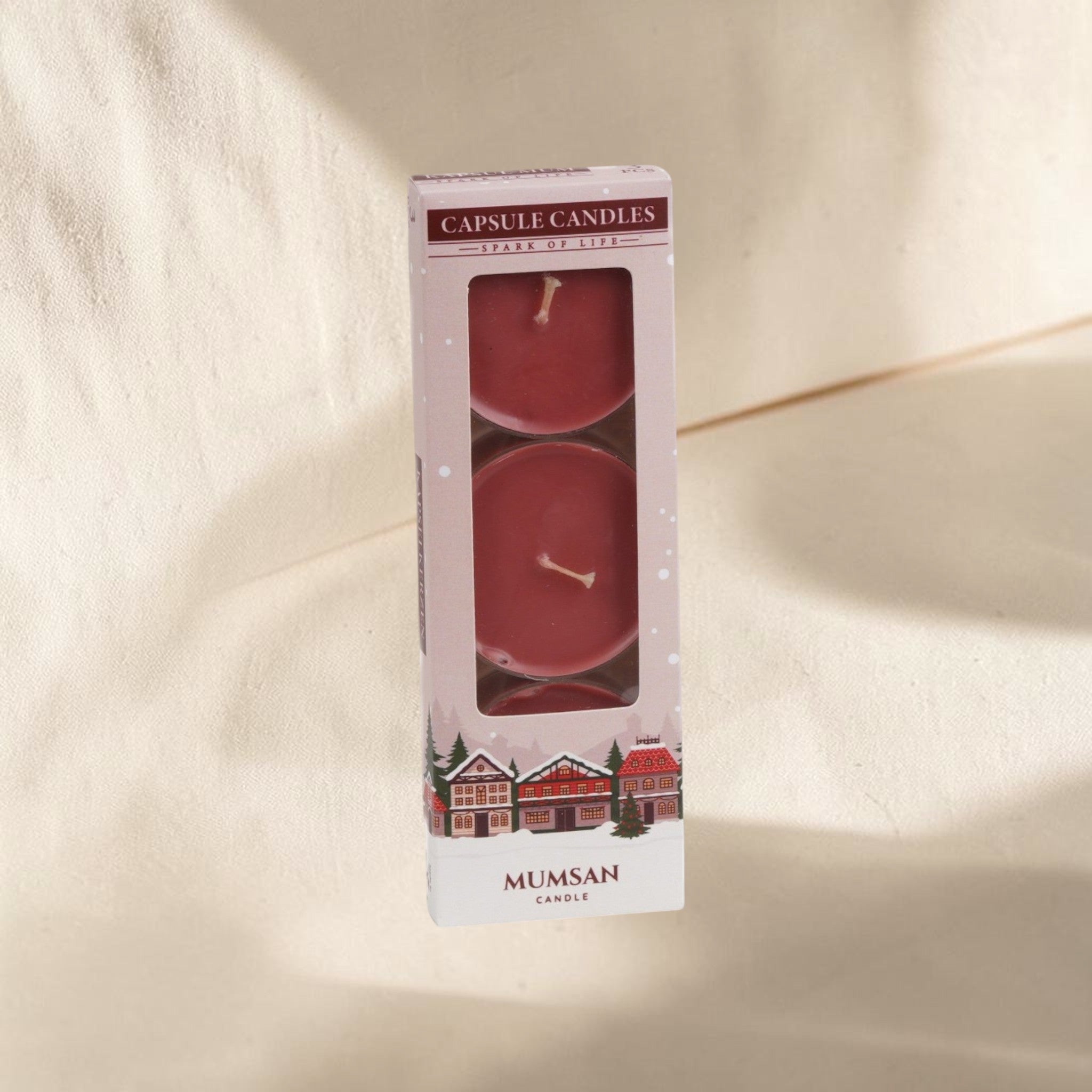 MUMSAN CANDLE 3'lü şeffaf maxi tealight kokulu mum seti, bordo renkli, hafif aromalı, 8 saat yanma süreli.