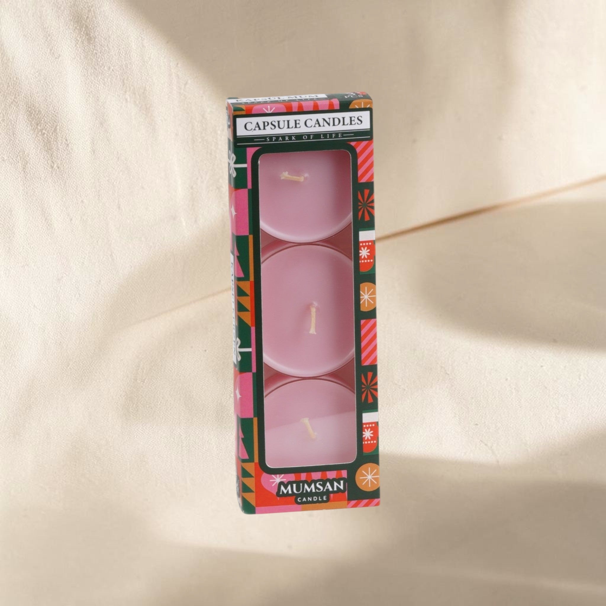 MUMSAN CANDLE 3'lü şeffaf maxi tealight kokulu mum seti, açık pembe renkli, hafif aromalı, 8 saate kadar yanar.