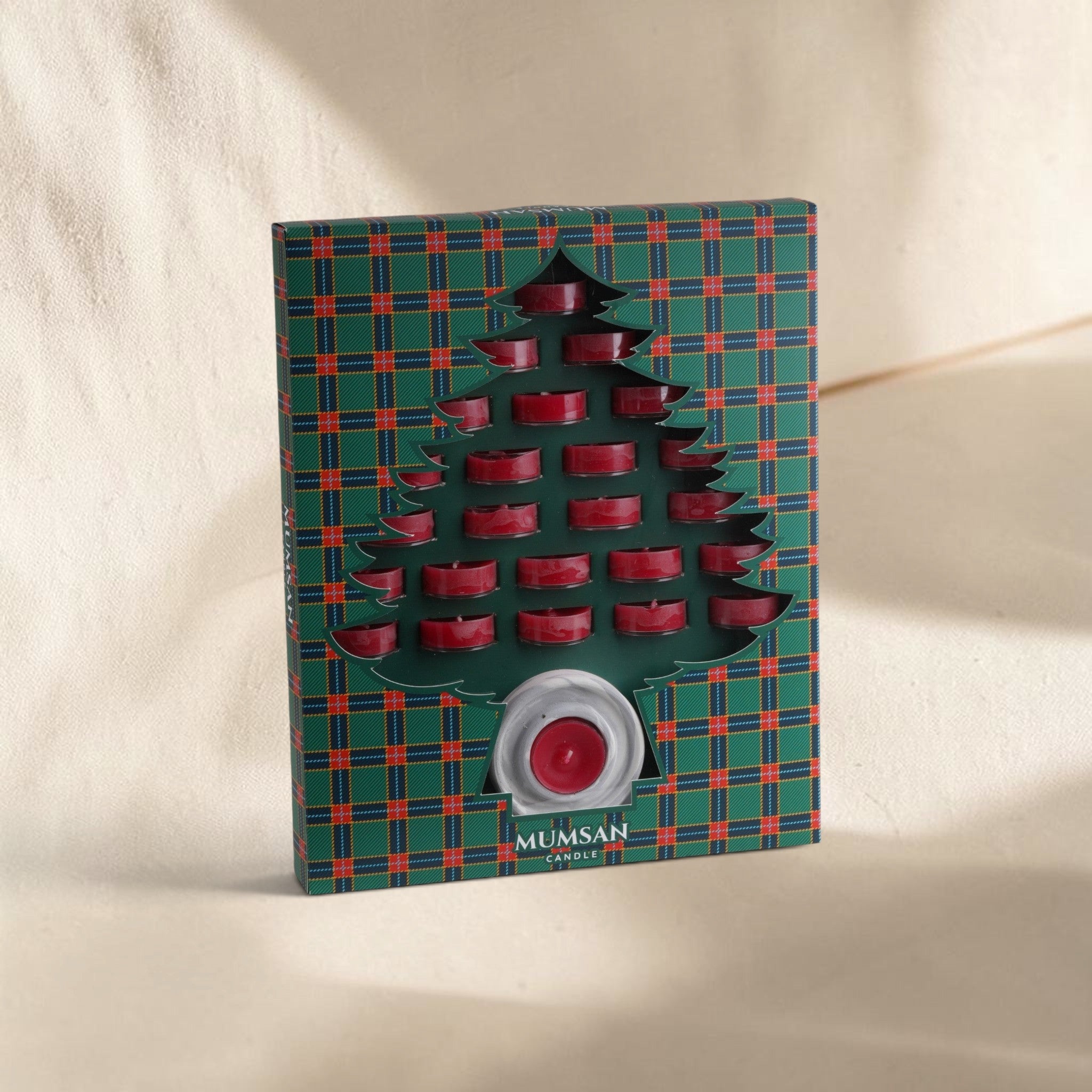 MUMSAN CANDLE 25'li çam ağacı tealight mum seti, kırmızı renkli, 10 gramlık, uzun yanma süreli, ferahlatıcı çam kokulu.