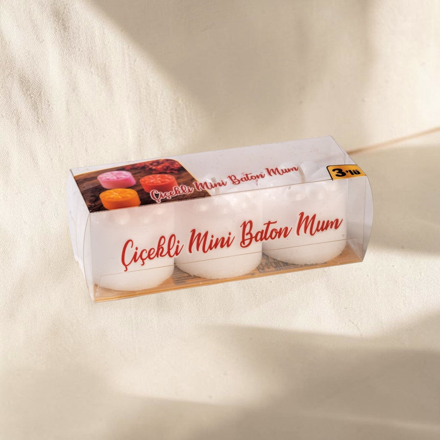 3'lü Çiçek Desenli Mini Baton Mum