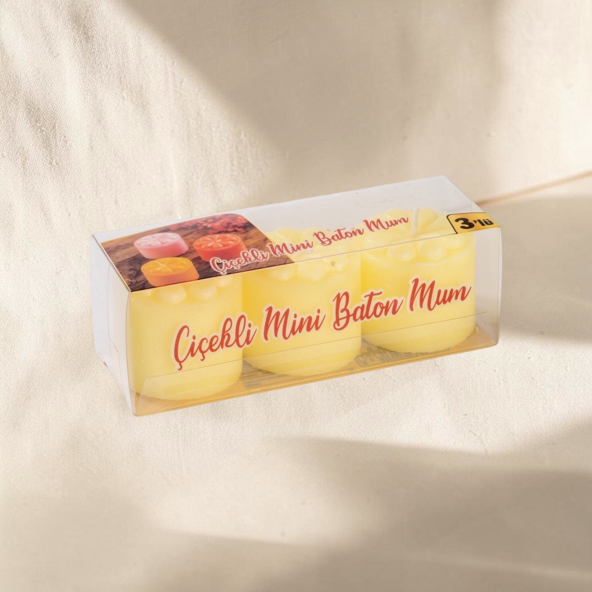MUMSAN CANDLE 3'lü Çiçekli Mini Baton Mum seti, sarı renkli, çiçek desenli, kokulu mumlar.