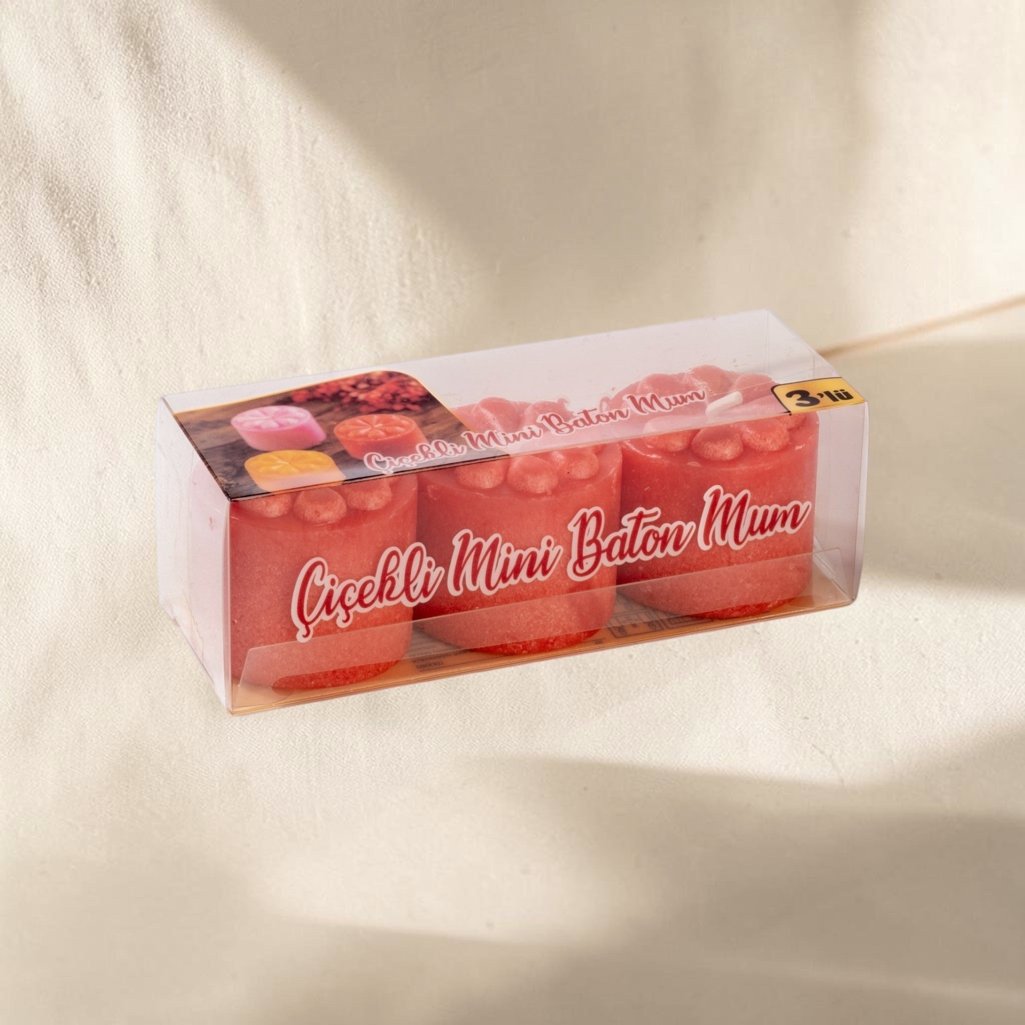 MUMSAN CANDLE 3'lü Çiçekli Mini Baton Mum seti, pembe renkli, çiçek aromalı, dekoratif ve uzun süre yanan mumlar.