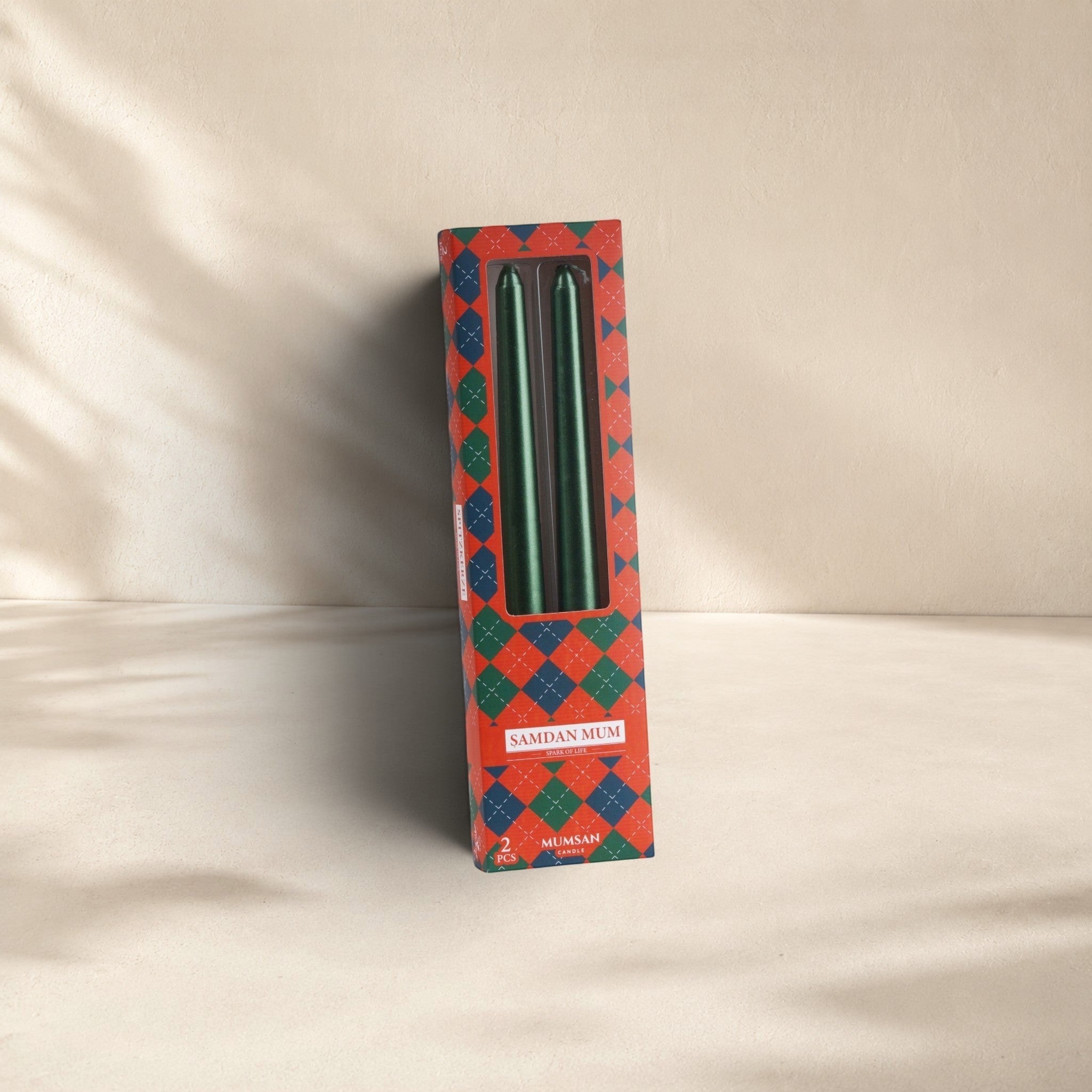 MUMSAN CANDLE 2'li düz yeşil şamdan seti, 25 cm uzunluğunda, klasik ve zarif tasarım.
