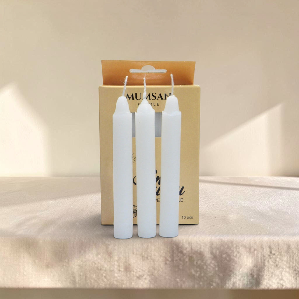 MUMSAN CANDLE 10'lu fener mum seti, beyaz, parafin, 10 cm yükseklik, nostaljik ambiyans için ideal.