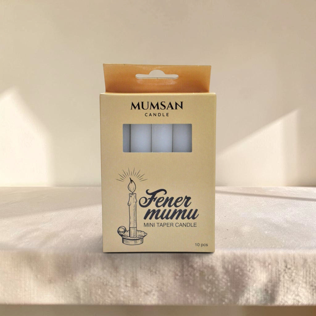 MUMSAN CANDLE 10'lu fener mum seti, beyaz, geleneksel bakkal mumu stilinde, nostaljik ambiyans için ideal.