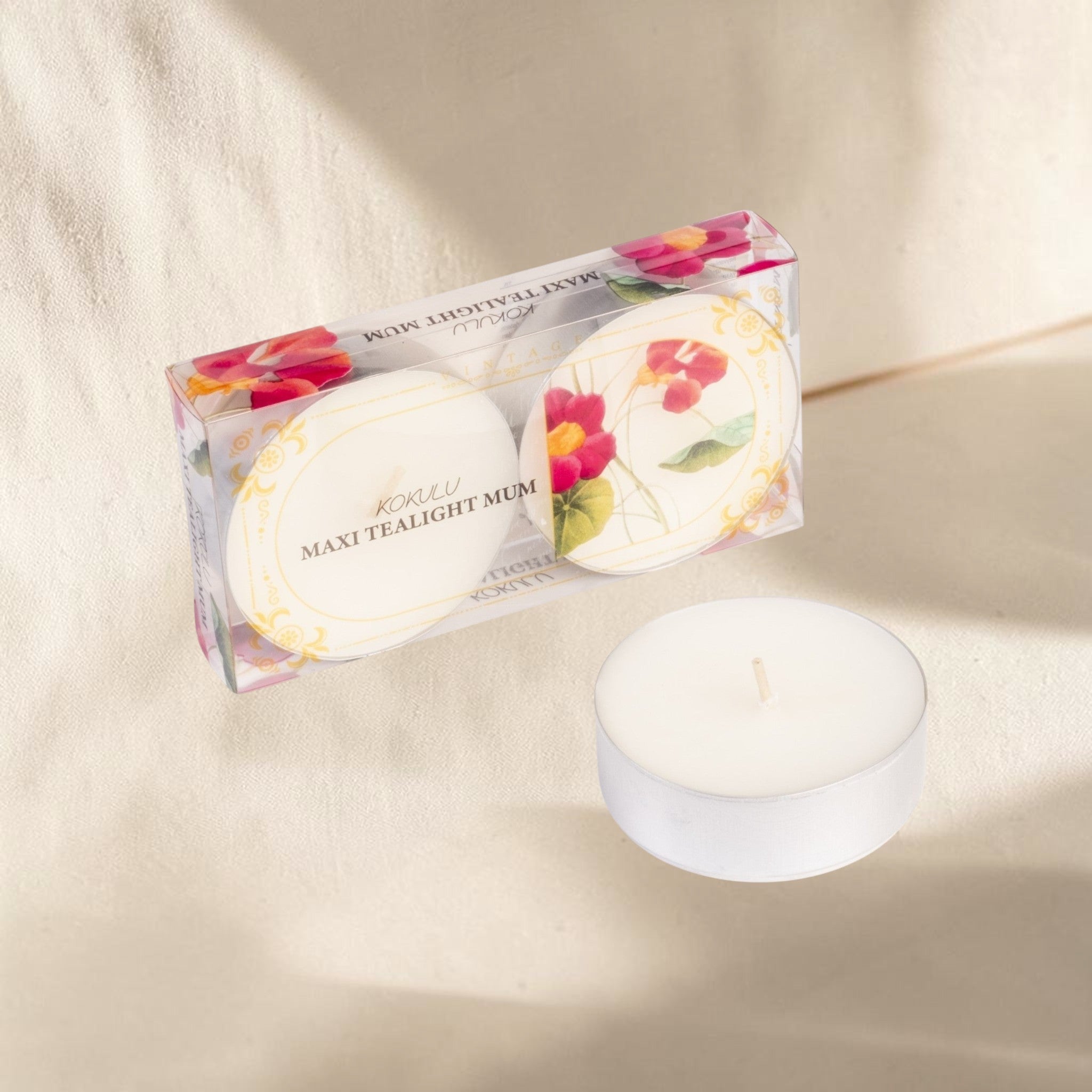 MUMSAN CANDLE 2'li şeffaf maxi tealight kokulu mum seti, beyaz renkli, çiçek desenli, uzun yanma süreli.
