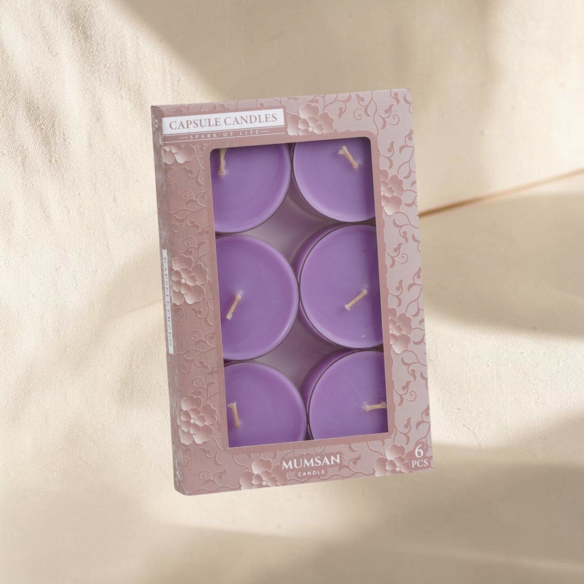 MUMSAN CANDLE 6'lı şeffaf maxi tealight kokulu mum seti, her biri 42 gr, 8 saat yanma süreli, lavanta rengi.