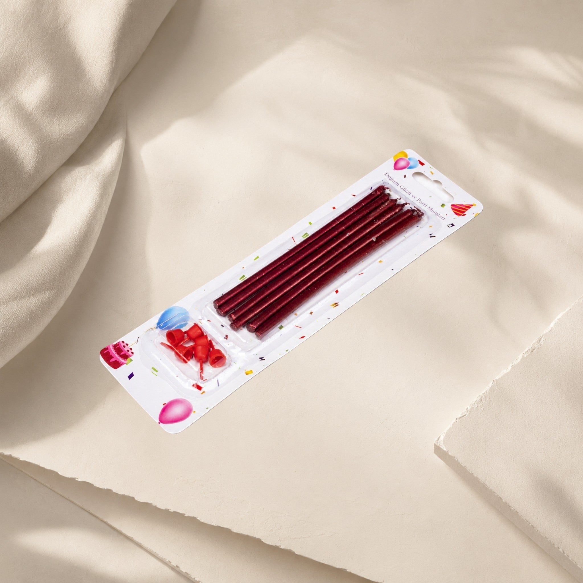 MUMSAN CANDLE 15 cm bordo renkli, parlak parti mumu seti. Pasta ve kutlama dekorasyonu için.