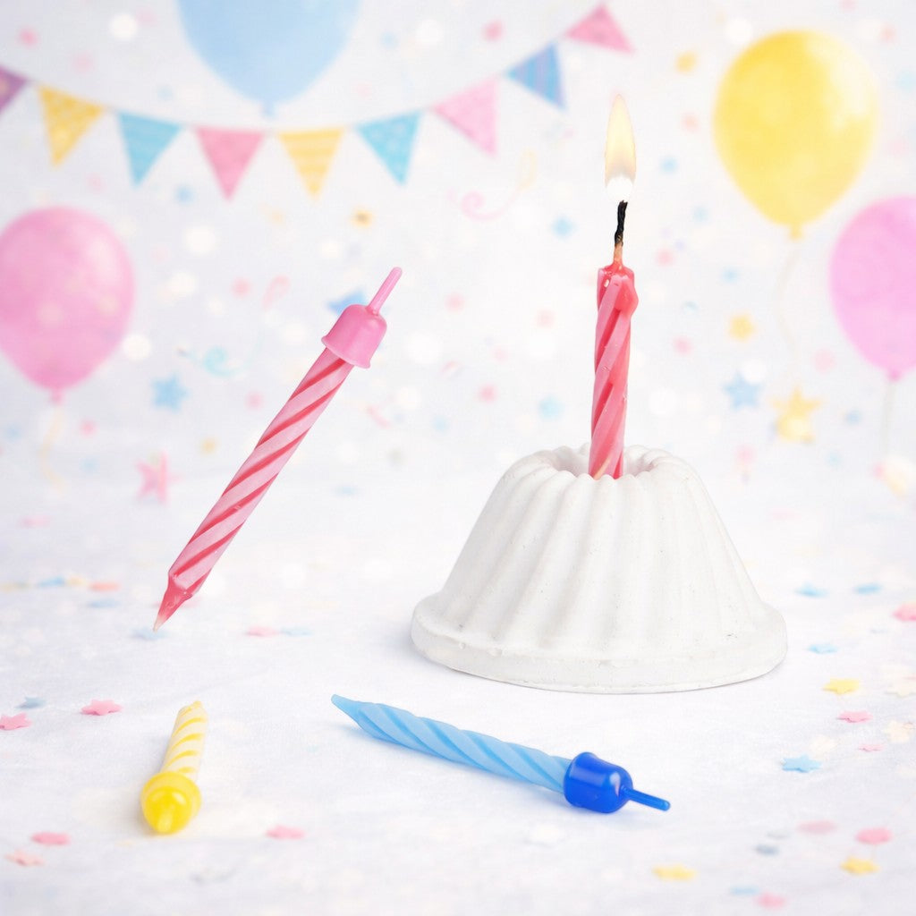 MUMSAN CANDLE 20'li parti ve pasta mumu seti, pembe, sarı ve mavi renklerde, spiral tasarımlı, altlıkları ile birlikte.