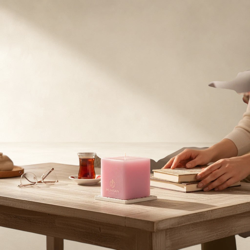 MUMSAN CANDLE pembe renkli, 5x5x5 cm boyutlarında, dekoratif küp mum. Ev dekorasyonu için ideal.