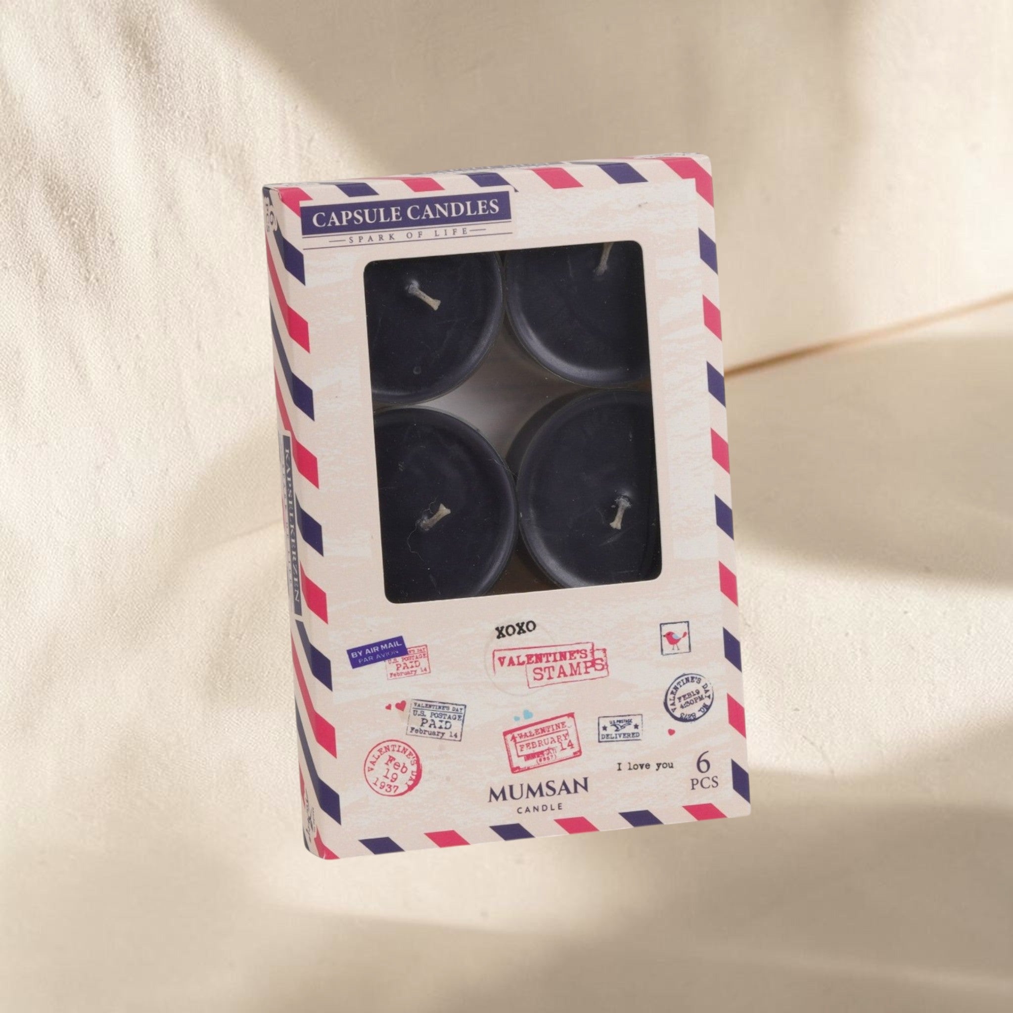 MUMSAN CANDLE 6'lı şeffaf maxi tealight kokulu mum seti, siyah renkli, 42 gr ağırlığında, 8 saat yanma süreli.