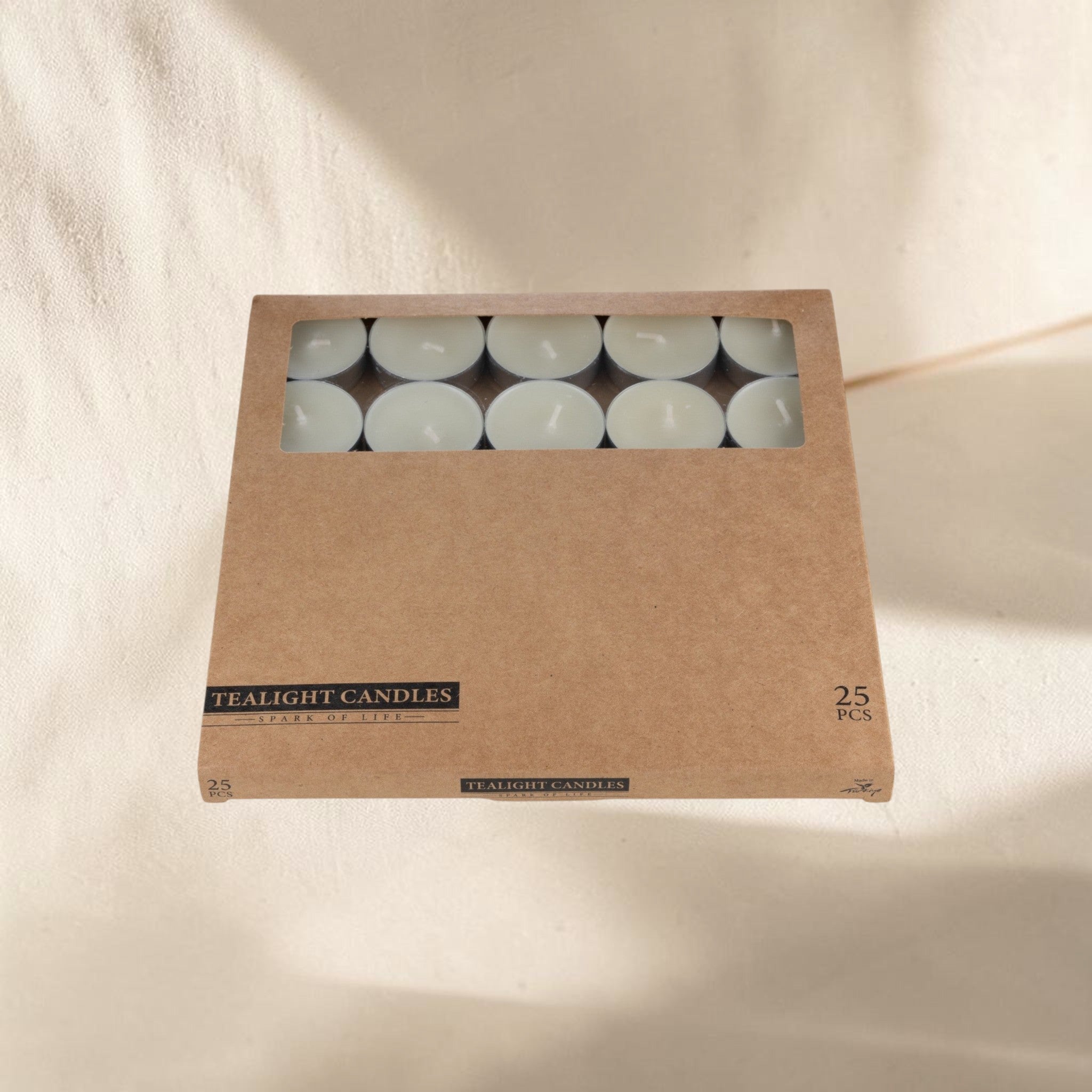 MUMSAN CANDLE 25'li tealight mum seti, kraft kutuda, beyaz mumlar, uzun yanma süreli, dekoratif hediye.