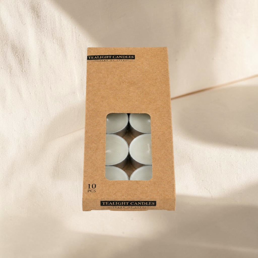 MUMSAN CANDLE 10'lu Kraft Seri tealight mum seti, 10 adet, 4 saat yanma süresi, ev ve ofis kullanımı için ideal.