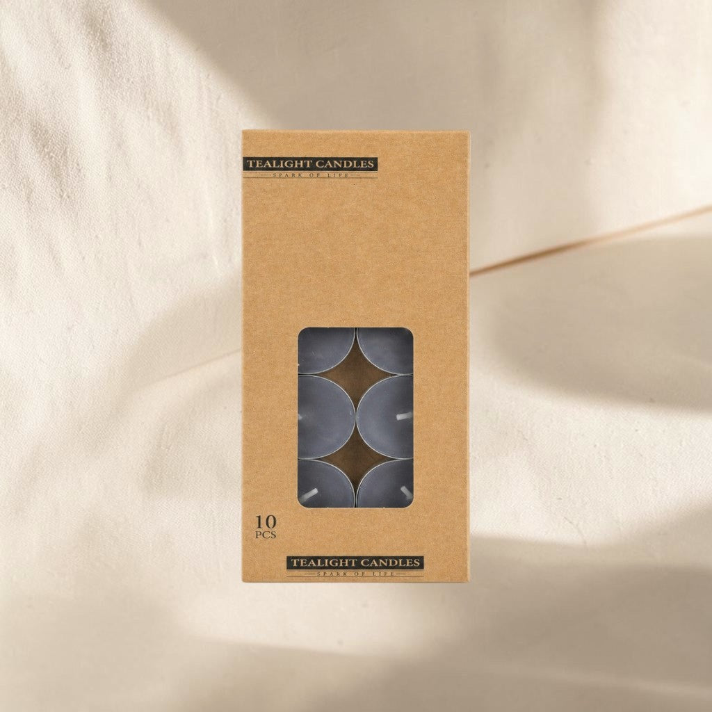 MUMSAN CANDLE 10'lu tealight mum seti, kraft kutuda, 10 adet, 4 saat yanma süresi, ev ve ofis kullanımı için ideal.