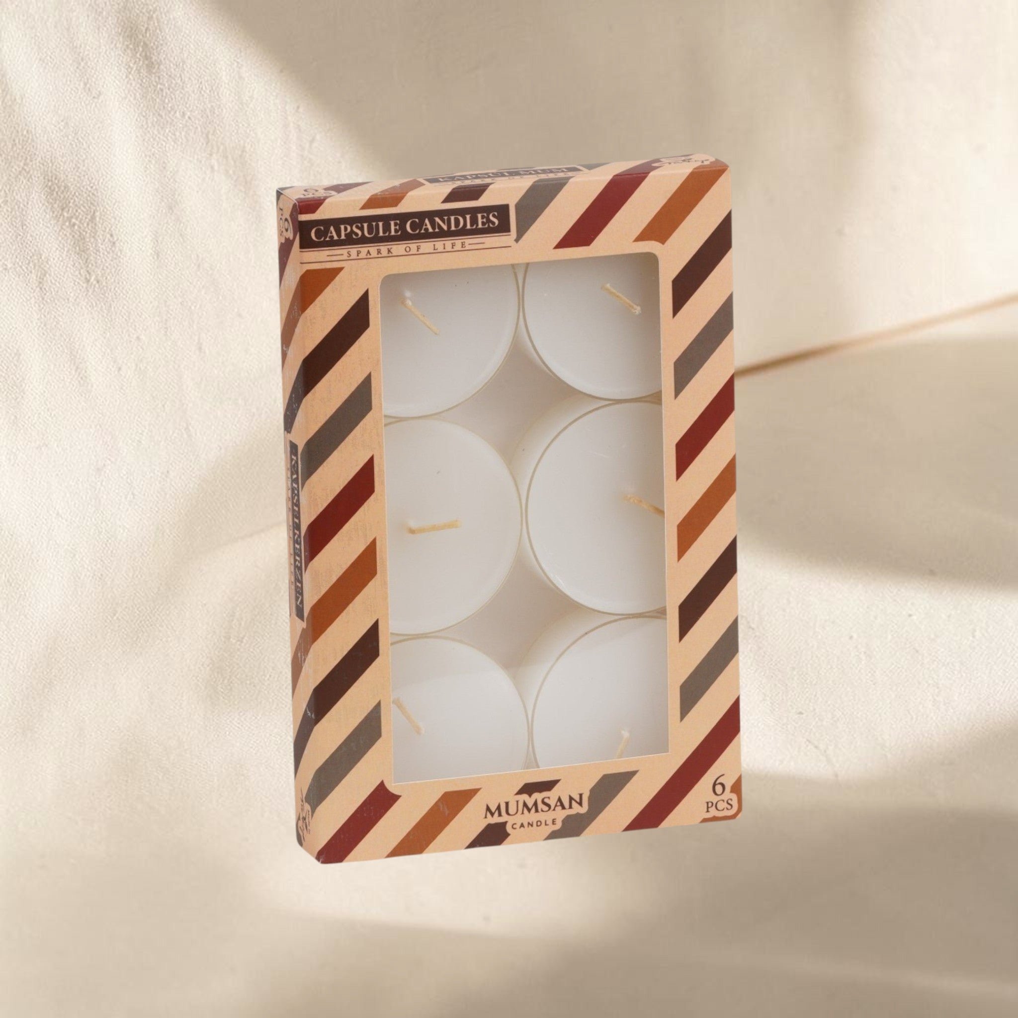 MUMSAN CANDLE 6'lı şeffaf maxi tealight kokulu mum seti, her biri 42 gr ve 8 saat yanma süreli, ev dekorasyonu için ideal.
