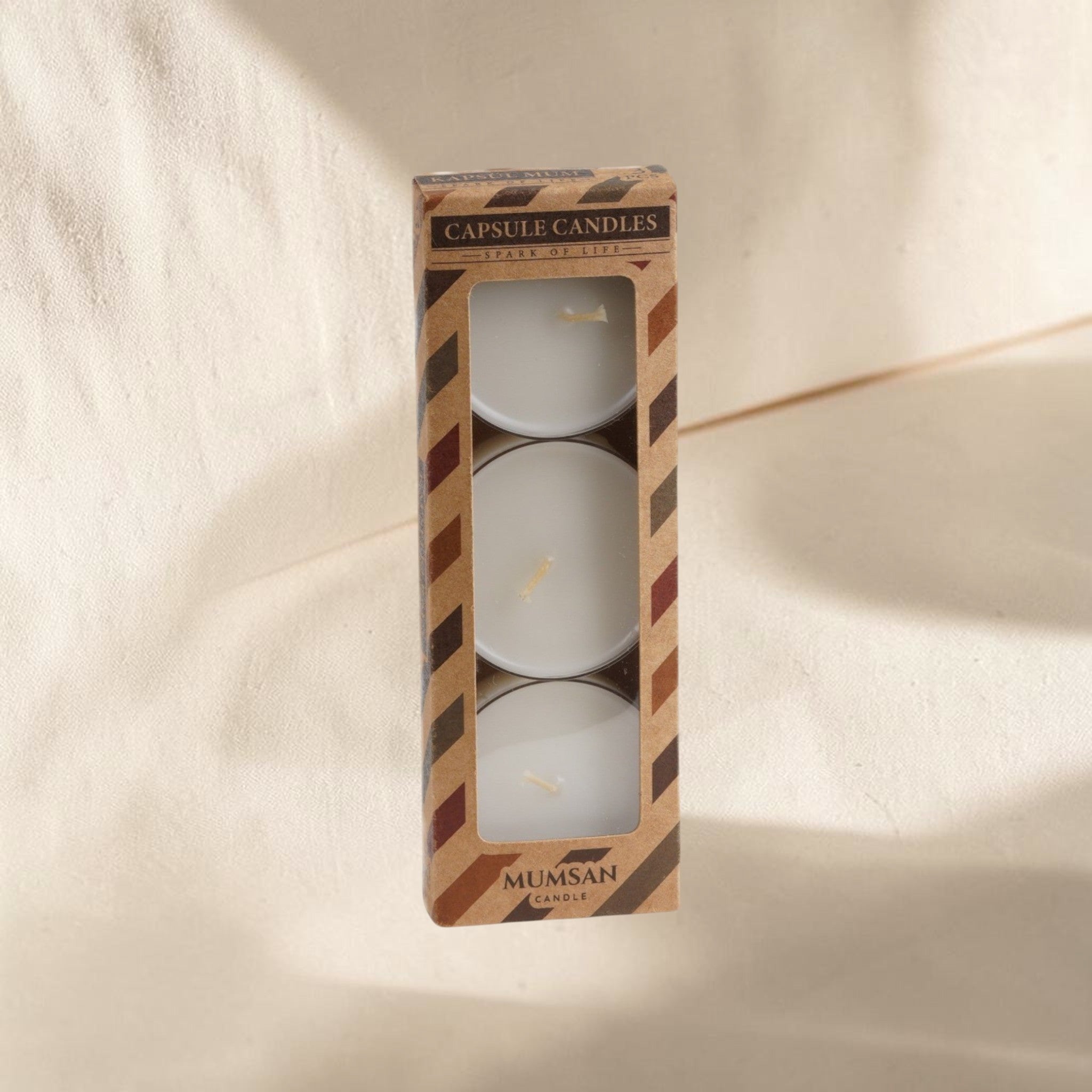 MUMSAN CANDLE 3'lü şeffaf maxi tealight kokulu mum seti, hafif aromalı ve uzun yanma süreli.
