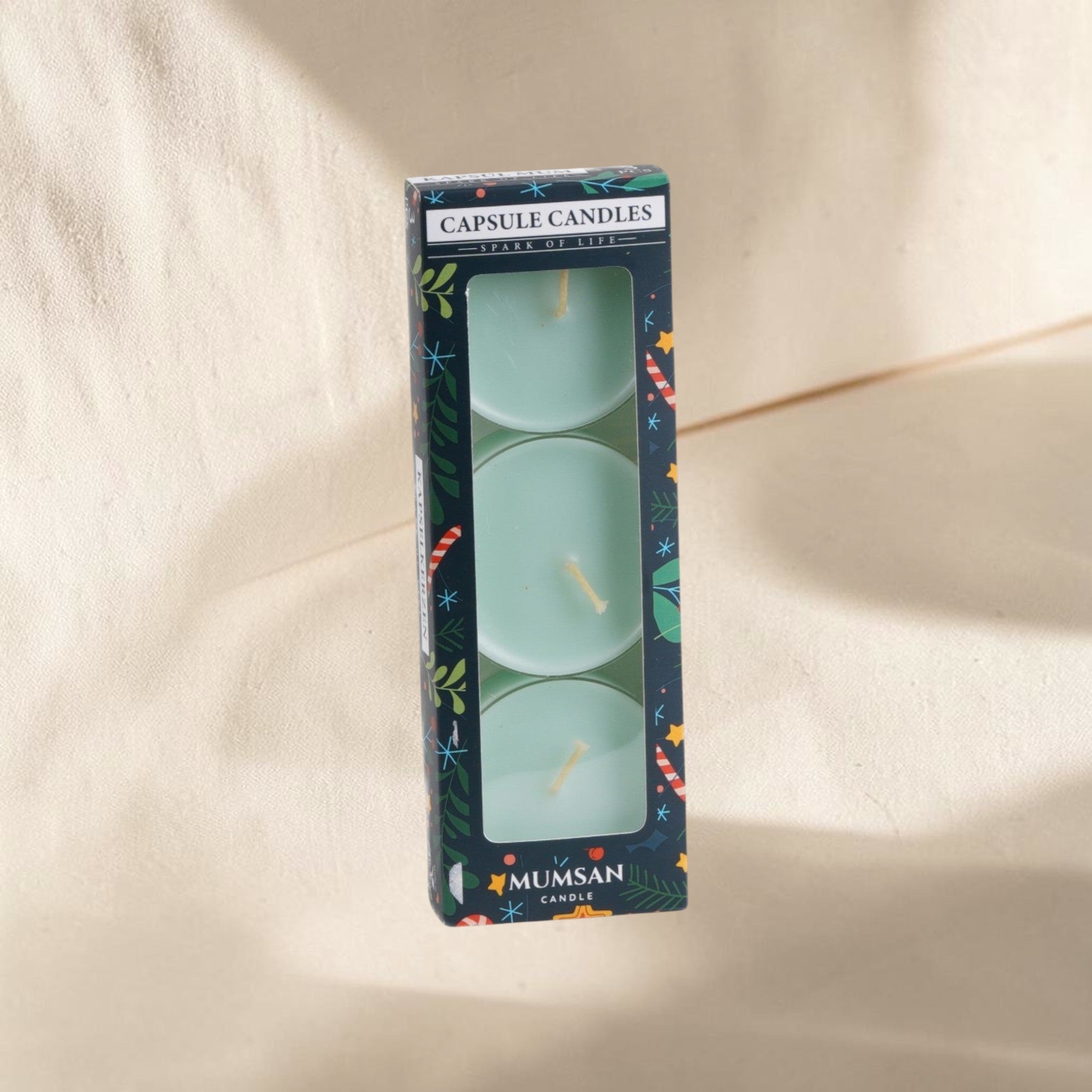 MUMSAN CANDLE 3'lü şeffaf maxi tealight kokulu mum seti, açık yeşil renkli, hafif aromalı, 8 saat yanma süreli.