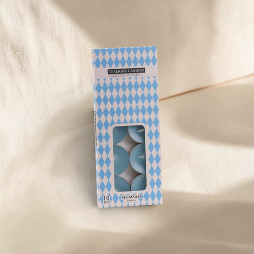 MUMSAN CANDLE 10'lu tealight mum seti, açık mavi renkte, 4 saat yanma süreli, ev dekorasyonu için ideal.