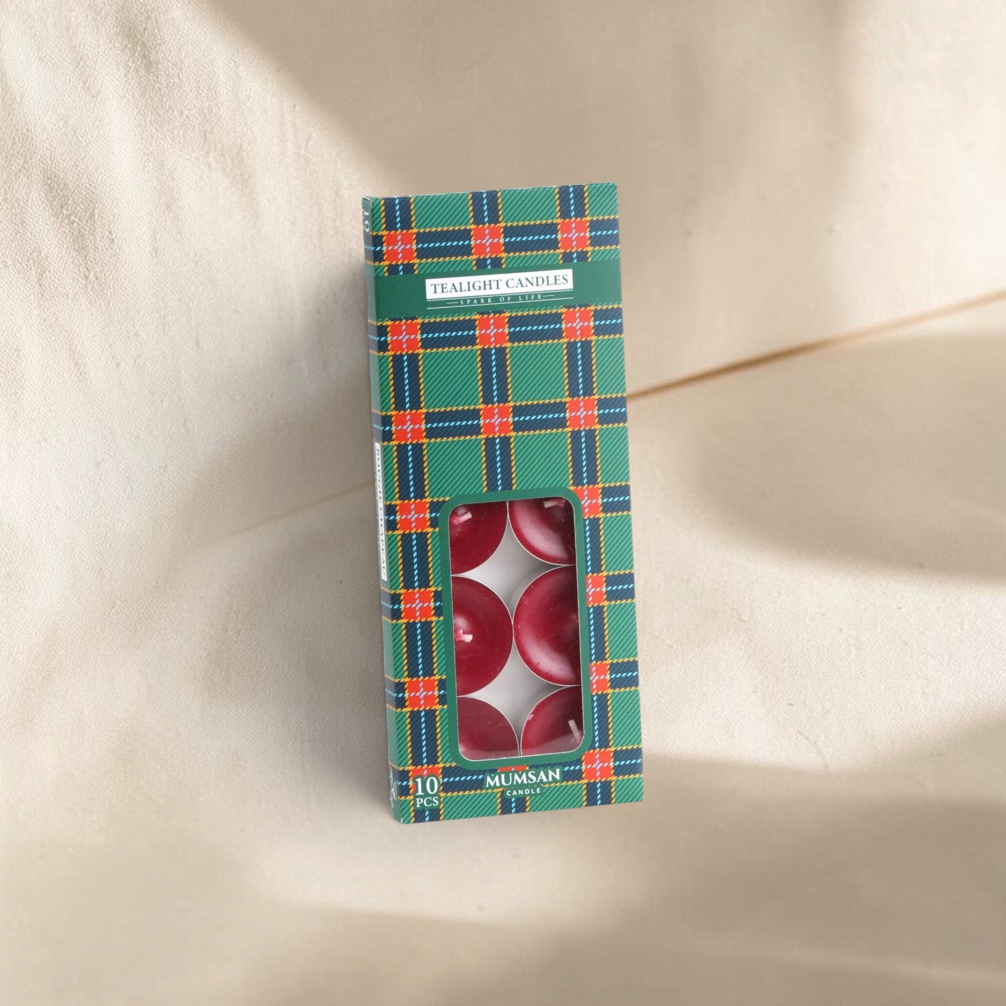 MUMSAN CANDLE 10'lu tealight mum seti, bordo renkli, 4 saat yanma süreli, ev dekorasyonu için ideal.
