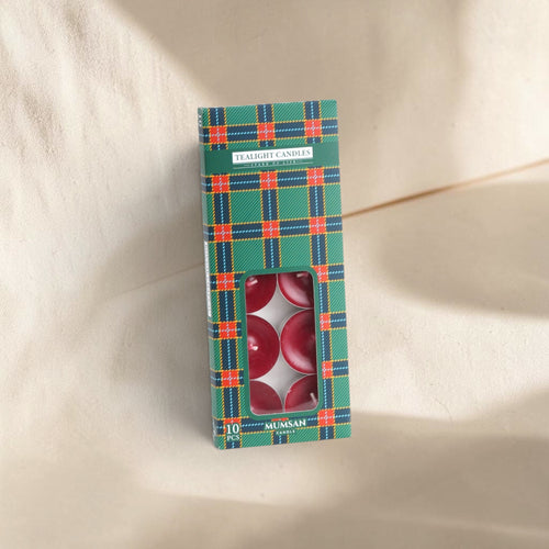 MUMSAN CANDLE 10'lu tealight mum seti, bordo renkli, 4 saat yanma süreli, ev dekorasyonu için ideal.