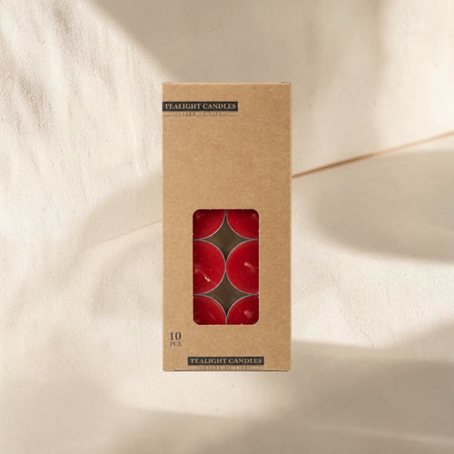 MUMSAN CANDLE 10'lu kırmızı tealight mum seti, kraft kutuda 10 adet, 4 saat yanma süresi, ev dekorasyonu için ideal.