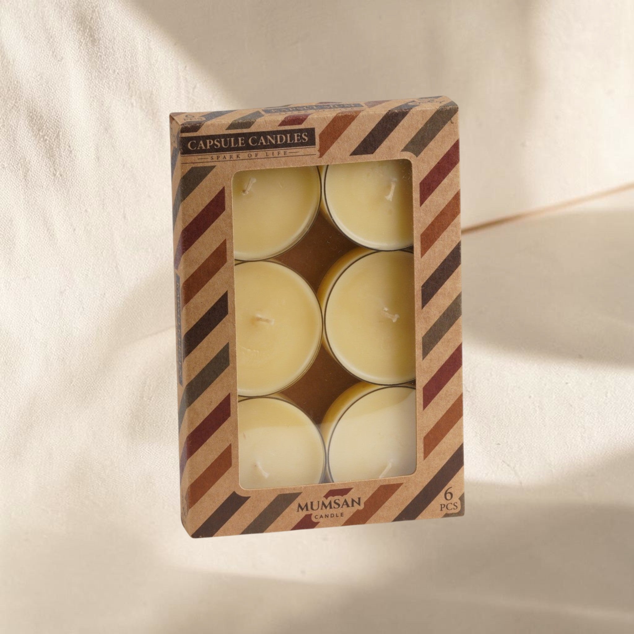 MUMSAN CANDLE 6'lı şeffaf maxi tealight kokulu mum seti, krem rengi, 8 saat yanma süresi.