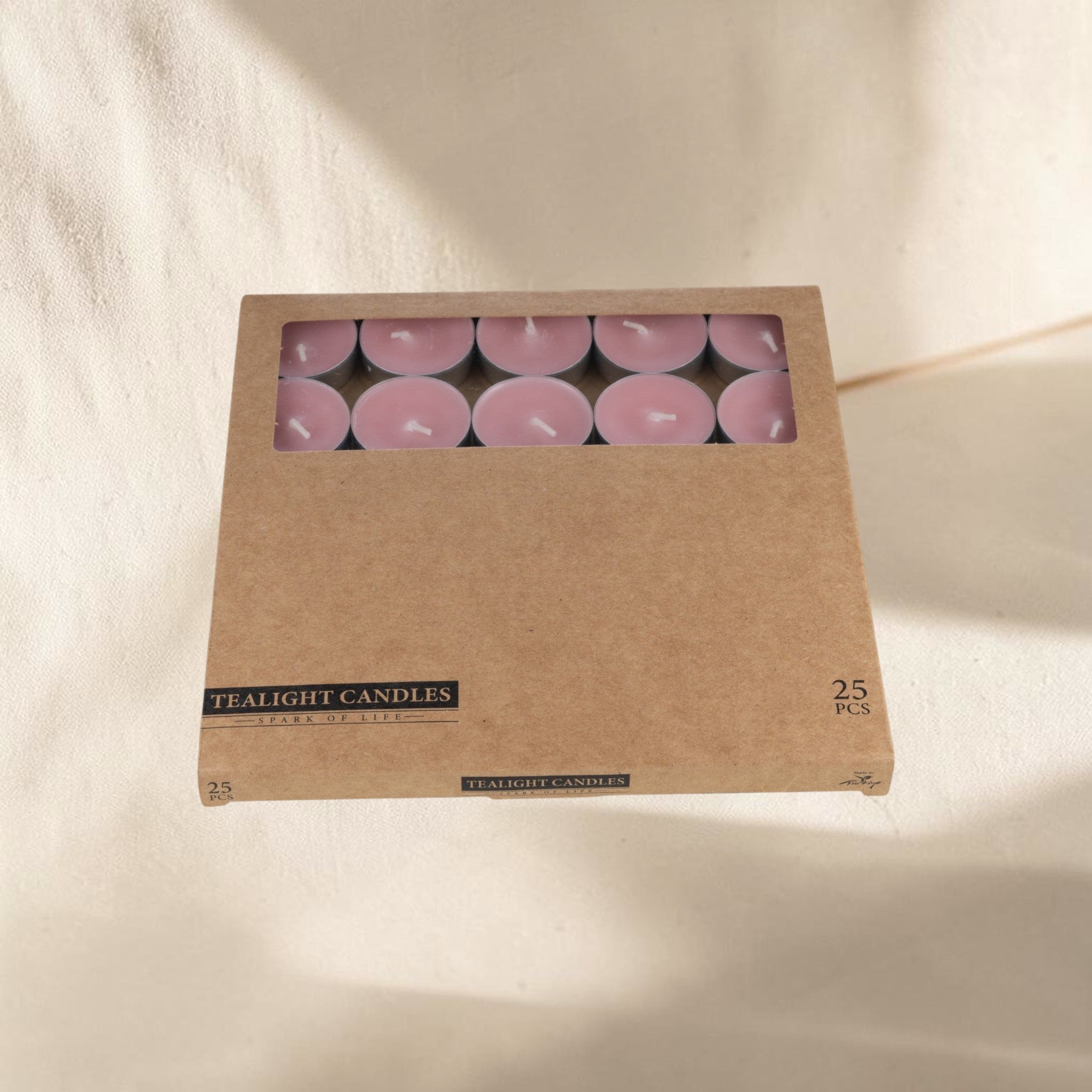 MUMSAN CANDLE 25'li pembe tealight mum seti, kraft kutuda, uzun yanma süreli, dekoratif hediye.