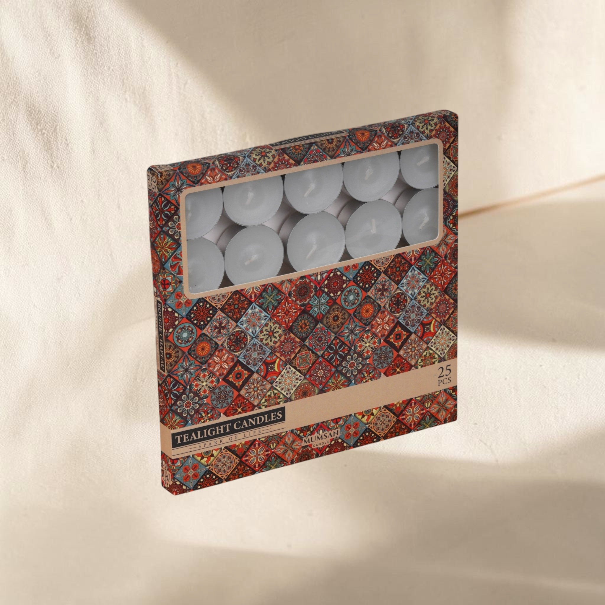 MUMSAN CANDLE 25'li tealight mum seti, vintage desenli kutusunda, uzun süreli yanma için ideal.