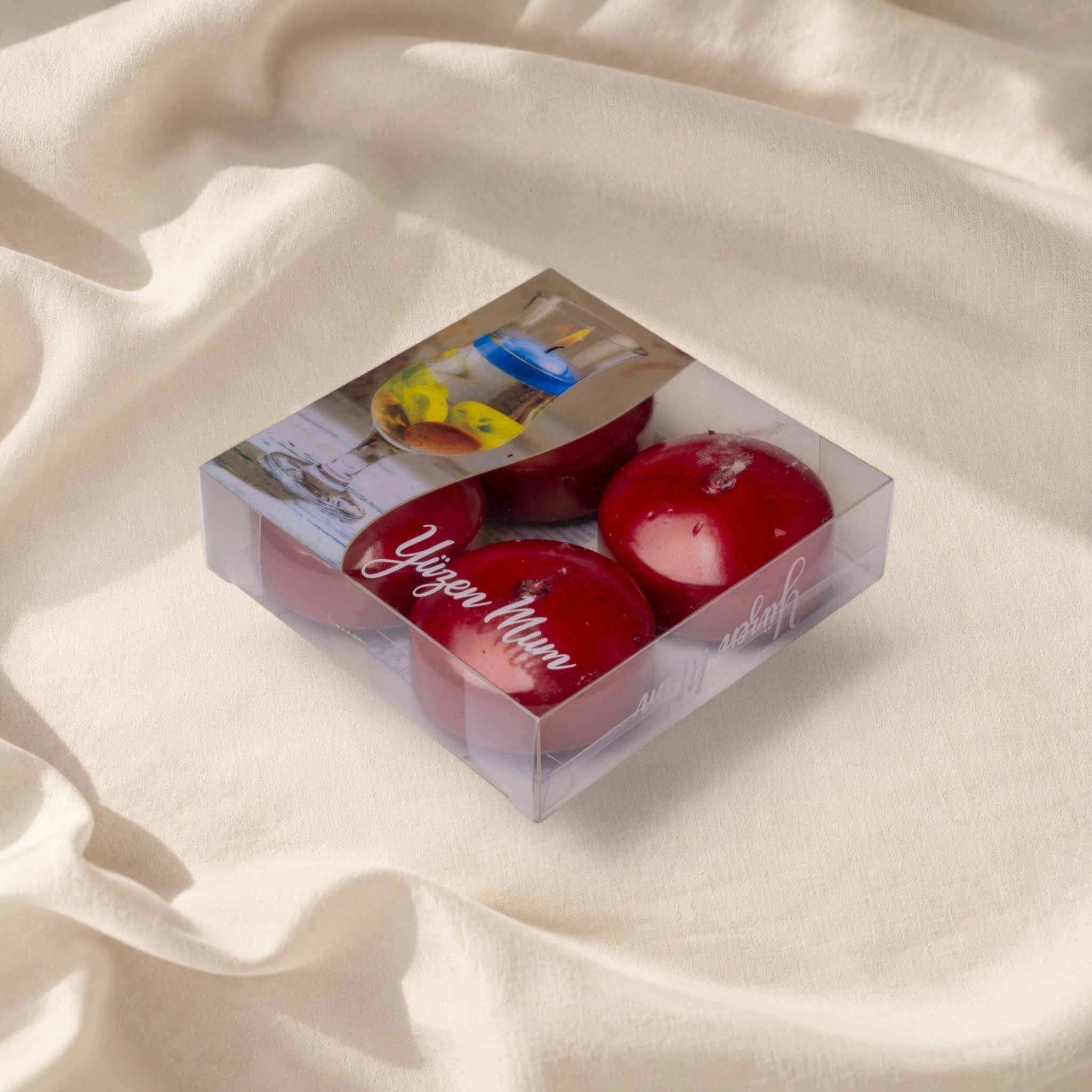 MUMSAN CANDLE 4'lü kırmızı yuvarlak yüzen mum seti, parafin malzemeden, 5 cm çapında, 4-5 saat yanma süreli, asetat kutuda.