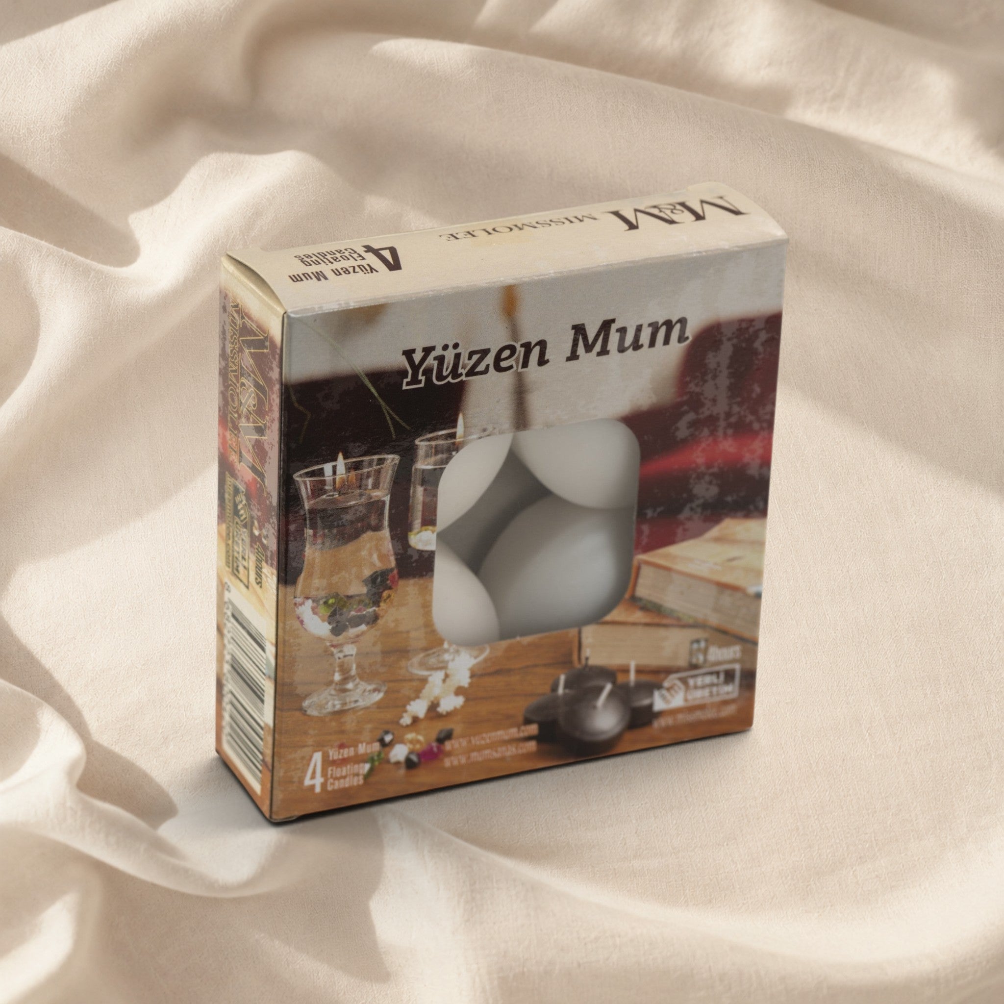 MUMSAN CANDLE 4'lü yüzen mum seti, beyaz, klasik kutu tasarımı, su yüzeyinde kullanım için ideal.